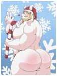 &lt;3 2023 anthro asgore_dreemurr beard belly biceps big_butt big_muscles big_pecs blue_background blush border boss_monster bovid bubble_butt butt candy candy_cane caprine christmas christmas_clothing christmas_headwear claws clothing dessert eyebrows facial_hair food fur gesture goat hair hat headgear headwear hi_res holding_candy holding_food holding_object holidays horn huge_butt huge_thighs looking_at_viewer looking_back looking_back_at_viewer male mammal musclegut muscular muscular_anthro muscular_male mustache nipples nude pecs pubes rear_view santa_hat simple_background smile snow snowflake snowing solo standing thecaptainteddy thick_thighs tuft undertale undertale_(series) v_sign white_border