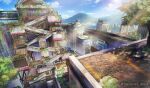  artist_name blue_sky building cityscape cloud commentary_request glass mizushishi moray_towers mountain overgrown ruins scenery sky splatoon_(series) splatoon_1 splatoon_2 sunlight tree twitter_username 