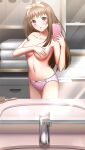  1girl breasts brown_hair cellphone cleavage collarbone covering_breasts covering_privates cowboy_shot doukyuusei_another_world game_cg holding holding_phone indoors kakyuusei large_breasts long_hair navel official_art panties phone pink_panties selfie smartphone solo standing topless underboob underwear underwear_only very_long_hair yuuki_mizuho 