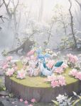  absurdres animal_focus aqua_eyes blue_eyes commentary_request flower forest glaceon hatenachan highres leaf nature no_humans on_grass one_eye_closed outdoors pawpads pink_flower pokemon pokemon_(creature) prehensile_hair prehensile_ribbon sitting sylveon tail tree water wetland white_fur 