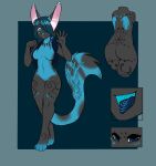 anthro big_ears blue_eyes blue_hair blue_tongue chisabre eyebrows facial_markings fayette_frost feathered_tail feathers female fur hair head_markings hi_res inner_ear_fluff long_hair markings model_sheet paws solo striped_ears tail tongue tuft