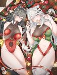  2girls absurdres ahoge animal_ear_fluff animal_ears arknights arm_between_breasts armpit_crease artist_name bare_arms bare_legs bare_shoulders bell between_breasts black_gloves black_hair black_nails blue_eyes blush bow bow_legwear box bracelet breasts breasts_apart candy candy_cane candy_wrapper carpet chocolate christmas christmas_lights christmas_ornaments christmas_present closed_mouth collarbone commentary container cookie covered_collarbone covered_navel covered_nipples cowboy_shot crop_top cropped_shirt double-parted_bangs embarrassed english_commentary english_text extra_ears eyelashes film_grain fingernails floor food food_in_mouth frilled_shirt frills from_above fur-trimmed_headwear fur-trimmed_leotard fur_bracelet fur_trim gift gift_box gift_wrapping gloves green_bow green_ribbon green_shirt grey_eyes grey_hair groin hair_between_eyes hair_ornament hair_spread_out hairclip hands_up hat hatching_(texture) highleg highleg_leotard highres holding_hands indoors jewelry jingle_bell lace-trimmed_gloves lace-trimmed_leotard lace-trimmed_shirt lace_trim lappland_(arknights) large_breasts legs_together leotard light_particles linear_hatching lips long_fingernails long_hair looking_at_viewer lying merry_christmas messy_hair mouth_hold multicolored_eyes multiple_girls nail_polish naked_ribbon nanaya_journey navel on_back on_floor outline over-kneehighs palms pom_pom_(clothes) red_bow red_headwear red_leotard red_ribbon ribbed_socks ribbon santa_hat scar scar_across_eye scar_on_face see-through see-through_gloves see-through_leotard see-through_shirt shadow shiny_clothes shiny_skin shirt sidelocks signature sleeveless sleeveless_shirt smile snowflakes snowman socks star_(symbol) stomach string_of_light_bulbs texas_(arknights) thighhighs thighs two-tone_eyes v variant_set very_long_hair white_outline white_socks wolf_ears wolf_girl wooden_floor yellow_eyes 
