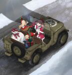  3girls annin_musou antlers atlanta_(kancolle) blonde_hair bottle brown_hair capelet commentary_request dress fairy_(kancolle) fake_antlers fur-trimmed_capelet fur-trimmed_dress fur-trimmed_headwear fur_trim grey_eyes hat highres jeep kantai_collection long_hair military_vehicle motor_vehicle multiple_girls official_alternate_costume plaid_shawl ranger_(kancolle) red_dress reindeer_antlers road sack santa_hat shawl two_side_up 