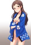  blush bottomless breasts brown_eyes brown_hair cleavage commentary_request dan_(orange_train) gradient gradient_background happi idolmaster idolmaster_million_live! japanese_clothes kitazawa_shiho large_breasts long_hair looking_at_viewer mitsudomoe_(shape) no_bra no_panties solo tomoe_(symbol) 