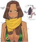  2girls argentinian_flag_bikini ass bikini black_eyes blue_eyes blush brazilian_flag_bikini breasts brown_hair commentary completely_nude dark-skinned_female dark_skin english_text green_bikini holding holding_clothes holding_swimsuit large_breasts long_hair looking_at_another multiple_girls nude ohasi original running scarf simple_background swimsuit symbol-only_commentary white_background yellow_scarf 