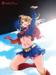  1girl artist_name belt blonde_hair blue_eyes boots breasts cape carrying chinese_commentary cloud commentary_request cropped_shirt dc_comics facebook_logo knee_boots lens_flare medium_breasts midriff miniskirt navel open_mouth red_cape skirt sleeves_past_wrists smile solo supergirl superman_(series) whotsou yellow_belt 