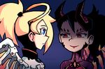  alternate_costume angel_and_devil black_hair blue_eyes commentary dark_persona demon_horns devil_mercy dual_persona evil_smile half-closed_eyes high_ponytail horns light_smile looking_at_another mechanical_halo mechanical_wings meme mercy_(overwatch) multiple_girls orange_wings overwatch red_eyes setz shaded_face shadow simple_background smile upper_body wings yellow_wings 