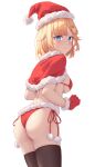  1girl absurdres alternate_costume ass bikini black_thighhighs blonde_hair blue_eyes blush breasts capelet christmas closed_mouth commentary english_commentary frills gloves hair_ornament hat highres hololive hololive_english large_breasts looking_at_viewer medium_breasts red_bikini red_capelet red_gloves red_headwear santa_hat shironekokfp short_hair simple_background solo standing swimsuit thighhighs virtual_youtuber watson_amelia white_background 