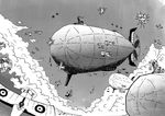  aircraft airplane airship battle cloud comic commentary dirigible dogfight explosion greyscale mecha_request monochrome original setz sky turret world_war_i zeppelin 