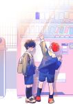  2boys aged_down back backpack bag black_eyes black_hair closed_mouth clothes_tug day from_side full_body light_rays looking_at_another male_focus multiple_boys pointing red_hair rukawa_kaede sakuragi_hanamichi salam_464 school_uniform short_hair slam_dunk_(series) vending_machine 