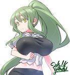  2017 :&lt; abs artist_name bike_shorts borrowed_character breasts closed_mouth dated green_hair hips large_breasts long_hair midriff navel original ponytail signature simple_background solo sumi-chan_(sachito) upper_body very_long_hair white_background yellow_eyes yoshida_hideyuki 