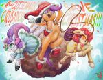 absurd_res apple_bloom_(mlp) bell boots christmas christmas_clothing christmas_headwear clothed clothing costume cutie_mark_crusaders_(mlp) digital_media_(artwork) dress earth_pony english_text equid equine female feral footwear friendship_is_magic fur green_eyes hair hasbro hat headgear headwear hi_res holidays hooves horn horse jumping mammal my_little_pony open_mouth orange_eyes pegasus pink_hair pony purple_eyes purple_hair red_hair rope santa&#039;s_sack santa_costume santa_hat scootaloo_(mlp) simple_background smile snow stencil_(artist) sweetie_belle_(mlp) text unicorn wind wings young