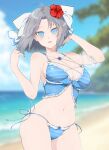  1girl bare_shoulders beach bikini blue_bikini blue_eyes blue_flower blue_sky blush bow breasts choker cleavage cloud collarbone day flower flower_on_chest frilled_bikini frills front-tie_bikini_top front-tie_top grey_hair groin hair_bow hand_in_own_hair horizon kinako_(mzknk0) large_breasts looking_at_viewer midriff navel ocean open_mouth outdoors parted_bangs plant sand senran_kagura senran_kagura_estival_versus senran_kagura_shinovi_versus shiny_skin shore short_hair side-tie_bikini_bottom sky smile solo standing striped striped_bikini striped_bow swimsuit water waves white_bow white_choker yumi_(senran_kagura) 