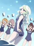  :d ass awa blue_eyes blush brown_hair commentary_request diana_cavendish glasses hair_over_one_eye hairband half_updo kagari_atsuko little_witch_academia long_hair lotte_jansson multiple_girls name_tag old_school_swimsuit one-piece_swimsuit open_mouth orange_hair purple_hair red_eyes school_swimsuit semi-rimless_eyewear short_hair smile sparkle sucy_manbavaran swimsuit under-rim_eyewear wet 