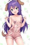  1girl ahoge animal_ears bandaid bandaids_on_nipples blush breasts dog_ears dog_tail green_eyes hair_between_eyes highres idolmaster idolmaster_million_live! koaya long_hair looking_at_viewer mochizuki_anna naked_overalls no_bra open_mouth overalls pasties paw_print pink_overalls purple_hair simple_background small_breasts solo strap_pull tail 