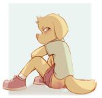 anthro bottomwear bottomwear_down butt_slap canid canine clothed clothing embarrassed footwear hi_res male mammal pants pants_down partially_clothed shoes sitting slap socks solo spanking sqwek tail