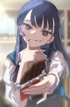  1girl black_hair black_vest boku_no_kokoro_no_yabai_yatsu brown_eyes candy chocolate chocolate_bar collared_shirt food food_on_face highres holding holding_chocolate holding_food light_blush long_hair looking_at_viewer outstretched_arm shirt solo takuotsu_(yamataku110203) tongue vest white_shirt yamada_anna 