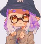  1girl black_headwear blush closed_mouth commentary grey_sweater hat highres inkling inkling_girl medium_hair ochocho2828 orange_eyes purple_hair simple_background solo splatoon_(series) splatoon_3 sweater upper_body white_background 