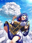  13-gou 1girl blue_eyes blue_hair cloud cloudy_sky dress holding holding_jewelry holding_ring jewelry kesa kumoi_ichirin looking_up ring short_hair sky smile touhou unzan white_dress 