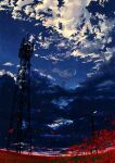  cloud commentary_request crescent_moon falling_petals field flower flower_field highres moon no_humans original orval petals power_lines radio_tower scenery sky spider_lily star_(sky) starry_sky utility_pole 