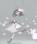  android boots brown_hair cable coat disembodied_head doremi head_removed long_sleeves monitor open_mouth original pink_eyes robot running scarf short_hair solo toeless_boots 