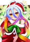  1girl :3 alternate_costume armpit_crease blonde_hair blue_hair blush bow capelet christmas closed_mouth commentary_request dress eyelashes fur-trimmed_capelet fur_trim fusen_haru gradient_hair green_bow green_hair hair_between_eyes hand_up hat highres long_hair messy_hair multicolored_hair no_game_no_life notice_lines pom_pom_(clothes) purple_hair ringed_eyes santa_capelet santa_costume santa_dress santa_hat shiro_(no_game_no_life) signature simple_background single_bare_shoulder smile solo very_long_hair yellow_eyes 