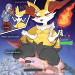 1:1 2023 ais05 anthro areola blush bodily_fluids braixen breasts canid canine clothed clothing cum cum_inside dialogue digital_media_(artwork) duo english_text female female_penetrated fire fox fur generation_6_pokemon genital_fluids genitals hair hi_res human human_on_anthro inner_ear_fluff interspecies male male/female male_penetrating male_penetrating_female mammal nintendo nipples nude open_mouth penetration penis pokemon pokemon_(species) pussy sex simple_background smile tail text tuft vaginal vaginal_penetration white_body white_fur yellow_body yellow_fur