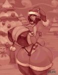 2022 activision anthro bandicoot bell big_breasts black_hair breasts camel_toe christmas christmas_clothing christmas_headwear cleavage clothed clothing crash_bandicoot_(series) dated female hair hat headgear headwear holidays huge_breasts hyper hyper_breasts legwear liz_bandicoot mammal marsupial monochrome nipple_outline santa_hat signature skimpy snao snow snowman solo thick_thighs thigh_highs