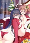  2girls bed bell bikini black_hair blue_eyes bow box brown_hair capelet christmas_tree curtains flustered from_behind fur-trimmed_bikini fur-trimmed_capelet fur-trimmed_legwear fur_trim gift gift_box gungun_(hakutou7887) hair_bell hair_bow hair_ornament hairclip hand_on_own_chest highres legs_folded light_smile long_hair lying lying_on_person medium_hair multiple_girls on_back on_stomach one_side_up open_mouth original red_bikini red_capelet red_eyes red_thighhighs snowing swimsuit thigh_strap thighhighs window 