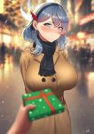  ako_(blue_archive) alternate_costume arms_behind_back black_scarf blue_archive blue_eyes blue_hair blurry blurry_background blurry_foreground blush box breasts brown_coat christmas cipher4109 coat crowd gift gift_box halo large_breasts looking_at_viewer pov pov_hands scarf smile snowing solo_focus trench_coat 