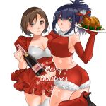  2girls artist_name bare_shoulders blue_eyes blue_hair bottle brown_eyes brown_hair christmas dress earrings elbow_gloves food frilled_dress frills fur_trim gloves highres holding holding_plate jewelry leona_heidern merry_christmas multiple_girls plate ponytail red_footwear sakura_mafumi santa_costume short_hair the_king_of_fighters turkey_(food) whip_(kof) wine_bottle 