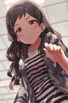  bad_id bad_pixiv_id blurry blush brown_eyes brown_hair collarbone commentary_request depth_of_field highres idolmaster idolmaster_million_live! kitazawa_shiho long_hair looking_at_viewer looking_down narumi_arata shirt solo striped striped_shirt sweatdrop 