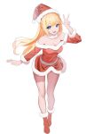  absurdres bare_legs blonde_hair blue_eyes breasts cleavage dress full_body highres karuizawa_kei santa_dress v white_background xueli_shimazaki youkoso_jitsuryoku_shijou_shugi_no_kyoushitsu_e 