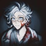  1boy blood blood_in_hair blood_on_clothes blood_on_face closed_mouth glasses grey_sweater highres kanou_aogu lab_coat looking_at_viewer male_focus portrait saibou_shinkyoku semi-rimless_eyewear short_hair solo sweater v-neck white_hair wide-eyed z_(xiannujiaomu172) 