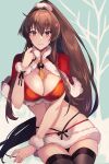  1girl alternate_costume bikini black_thighhighs breasts brown_eyes brown_hair capelet cherry_blossoms cleavage closed_mouth commentary_request flower fur-trimmed_bikini fur-trimmed_capelet fur_trim hair_between_eyes hair_flower hair_ornament hand_up high_ponytail highres kantai_collection kasumi_(skchkko) large_breasts long_hair looking_at_viewer red_bikini red_capelet santa_bikini simple_background smile solo swimsuit thighhighs very_long_hair yamato_(kancolle) 