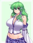  :&lt; antenna_hair bare_shoulders breasts cleavage detached_sleeves frog_hair_ornament green_background green_eyes green_hair groin hair_ornament hair_tubes hater_(hatater) highres huge_breasts japanese_clothes kochiya_sanae long_hair looking_at_viewer lowleg lowleg_skirt midriff navel nontraditional_miko pout simple_background skirt snake_hair_ornament solo touhou upper_body wavy_hair 