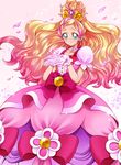  absurdres bad_id bad_pixiv_id blonde_hair blue_eyes blush choker cure_flora dress earrings eyelashes flower flower_earrings frilled_dress frills gloves go!_princess_precure gradient gradient_background gradient_hair hair_ornament half_updo happy haruno_haruka highlights highres jewelry long_hair looking_at_viewer magical_girl mode_elegant_(go!_princess_precure) multicolored_hair petals pink pink_background pink_dress pink_hair pink_ribbon precure puffy_sleeves ribbon sharumon smile solo streaked_hair tiara two-tone_hair white_background white_gloves 