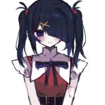  1girl 4_(nn_1_zo) ame-chan_(needy_girl_overdose) arms_at_sides black_hair black_ribbon blue_eyes closed_mouth collared_shirt commentary_request cuts frown hair_ornament hair_over_one_eye hair_tie highres injury long_hair looking_at_viewer neck_ribbon needy_girl_overdose red_shirt ribbon scar scar_on_arm self-harm self-harm_scar shirt simple_background solo sweatdrop twintails upper_body white_background x_hair_ornament 