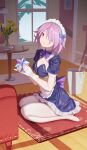  1girl absurdres apron blue_eyes bow bowtie breasts cleavage fate/grand_order fate_(series) flower frilled_skirt frills full_body gloves hair_over_one_eye highres indoors kneeling luai maid_headdress mash_kyrielight medium_breasts miniskirt pantyhose pink_hair purple_bow purple_bowtie purple_shirt purple_skirt shirt short_hair short_sleeves skirt solo waist_apron white_apron white_gloves white_pantyhose yellow_flower 