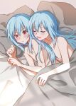  2others androgynous bed bed_sheet blue_hair blush ciel_(tensei_shitara_slime_datta_ken) completely_nude highres light_blue_hair long_hair lying multiple_others nude on_bed on_side open_mouth pillow red_eyes rimuru_tempest shoura smile tensei_shitara_slime_datta_ken 