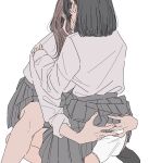  2girls black_hair black_socks brown_hair clothes_lift commentary_request couple grey_skirt highres kamatama_rom long_hair long_sleeves multiple_girls no_shoes original pleated_skirt school_uniform shirt short_hair sidelocks simple_background skirt skirt_lift sleeves_past_elbows sleeves_past_wrists sleeves_rolled_up socks white_background white_shirt yuri 