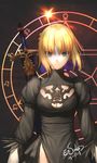  2017 artoria_pendragon_(all) bad_id bad_pixiv_id black_dress blonde_hair breasts cleavage cleavage_cutout cosplay dated dress excalibur fate/stay_night fate_(series) green_eyes headshop highres magic_circle mengbu_jingren nier_(series) nier_automata saber short_hair solo standing sword third-party_edit weapon weapon_on_back yorha_no._2_type_b yorha_no._2_type_b_(cosplay) 