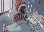  1girl 1other akanotanin13 ambiguous_gender animal_ears arknights blonde_hair closed_eyes commentary_request doctor_(arknights) fox_ears fox_girl mask on_bed parted_lips sack santa_costume sleeping suzuran_(arknights) 