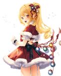  1girl :d alternate_costume back_bow blonde_hair bow cape capelet christmas_ornaments commentary_request cowboy_shot dress fangs flandre_scarlet from_behind fur-trimmed_cape fur-trimmed_dress fur_trim garter_straps hair_bobbles hair_ornament highres long_hair looking_at_viewer looking_back mokokiyo_(asaddr) open_mouth pointy_ears ponytail puffy_short_sleeves puffy_sleeves red_capelet red_dress red_eyes red_ribbon ribbon short_sleeves smile solo star_(symbol) star_hair_ornament touhou wings wrist_cuffs 