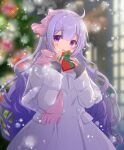  1girl azur_lane blurry blurry_background bow box capelet christmas christmas_ornaments christmas_tree coat commentary_request depth_of_field fringe_trim fur-trimmed_capelet fur_trim gift gift_box grey_capelet grey_sweater hair_between_eyes hairband hands_up highres holding holding_gift long_hair long_sleeves looking_at_viewer outdoors pink_bow pink_hairband pink_scarf puffy_long_sleeves puffy_sleeves purple_eyes purple_hair scarf sleeves_past_wrists snowing solo sukireto sweater unicorn_(azur_lane) very_long_hair white_coat 