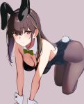  1girl 3_small_spiders absurdres alternate_costume animal_ears black_leotard bow bowtie brown_eyes brown_hair brown_pantyhose detached_collar fake_animal_ears fake_tail girls&#039;_frontline highleg highleg_leotard highres leaning leotard long_hair looking_at_viewer m4a1_(girls&#039;_frontline) multicolored_hair pantyhose playboy_bunny rabbit_ears rabbit_tail strapless strapless_leotard streaked_hair tail traditional_bowtie wrist_cuffs 