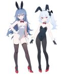  2girls :d :o absurdres animal_ears bili_girl_22 bili_girl_33 bilibili black_bow black_gloves black_hairband black_leotard black_pantyhose blue_hair bow bowtie breasts brown_thighhighs collar commentary_request covered_navel detached_collar fake_animal_ears full_body gloves grey_hair hair_between_eyes hair_bow hair_ornament hairband hand_on_own_hip high_heels highres jyt leotard long_hair multiple_girls pantyhose parted_lips playboy_bunny rabbit_ears red_bow red_bowtie red_eyes red_footwear shoes side_ponytail simple_background small_breasts smile standing strapless strapless_leotard thighhighs very_long_hair white_background white_collar white_gloves white_leotard wing_collar 
