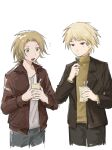  2boys atou_haruki black_pants blonde_hair blue_pants brown_hair brown_jacket cha_wu chewing chinese_commentary closed_mouth commentary_request cup green_eyes highres holding holding_cup jacket light_brown_hair long_sleeves male_focus medium_hair multiple_boys notice_lines open_clothes open_jacket open_mouth pants saibou_shinkyoku shinano_eiji shirt short_hair simple_background smile sweater turtleneck turtleneck_sweater white_background white_shirt yellow_sweater 