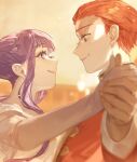  1boy 1girl absurdres closed_mouth dancing dress fern_(sousou_no_frieren) forehead hair_slicked_back highres holding_hands indoors long_hair long_sleeves looking_at_another purple_eyes purple_hair red_eyes red_hair red_shirt scar scar_on_face scar_on_forehead shirt short_hair short_sleeves sidelocks smile sousou_no_frieren stark_(sousou_no_frieren) upper_body white_dress xia_qing 