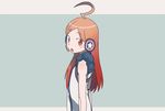 1girl ahoge blue_background blush dress eyebrows_visible_through_hair female grey_background headset long_hair looking_at_viewer matching_hair/eyes open_mouth red_eyes red_hair sf-a2_miki shiny_hair simple_background sleeveless solo standing torla upper_body vocaloid 